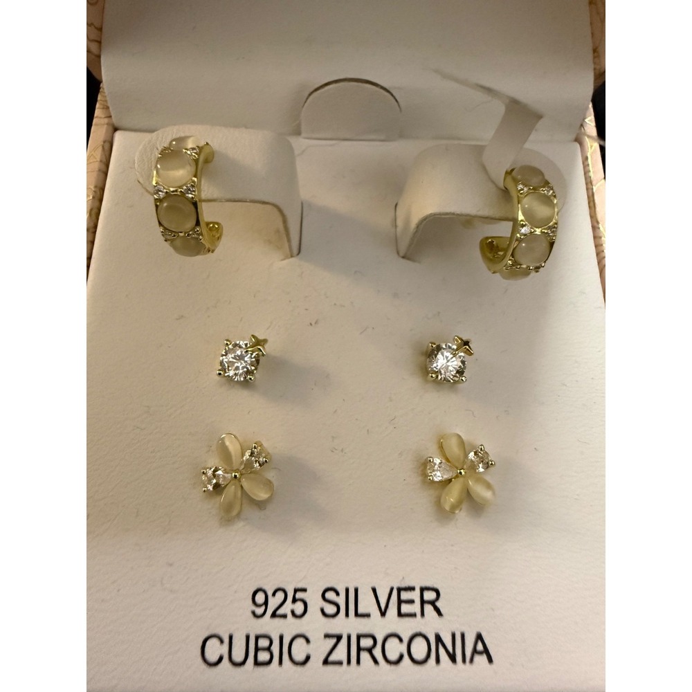 Silver earrings cat eye style with CZ stones gold over 925 set of three